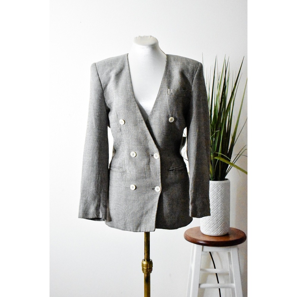 Liz‎ Claiborne Blazer 8 Grey 90s Double Breasted Collarless Linen Microcheck